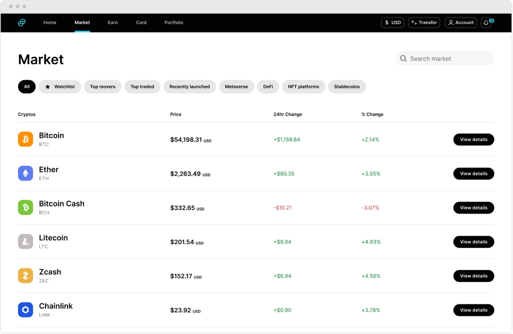 Gemini market dashboard listing data of supported tokens